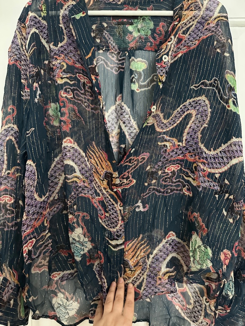 Isabel Marant Daws Dragon Print Silk Blend Shirt Sheer Metallic Stripe Blouse - Picture 4 of 6